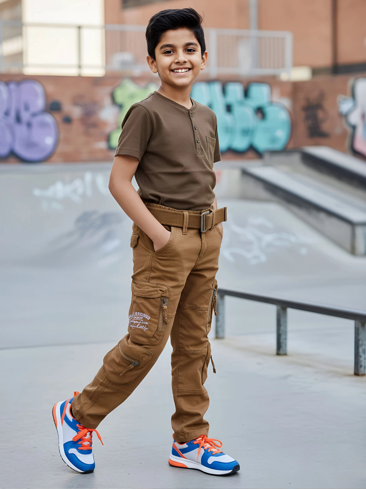 Boys' Rustic Brown Multi-Pocket Cargo Pants with Web Belt.