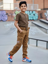 Boys' Rustic Brown Multi-Pocket Cargo Pants with Web Belt.