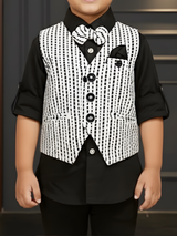 Boys' Black & White Textured Waistcoat Suit with Black Formal Shirt