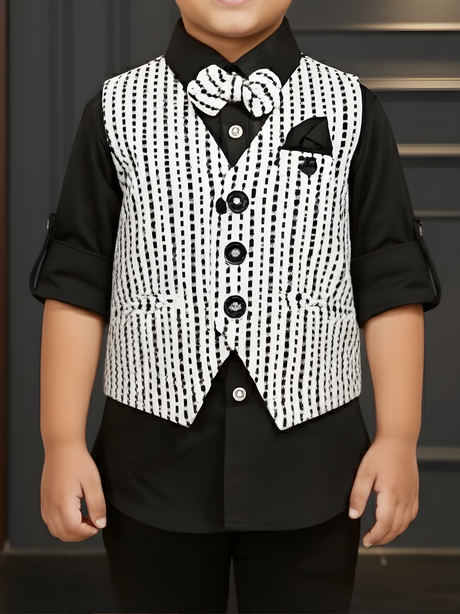 Boys' Black & White Textured Waistcoat Suit with Black Formal Shirt