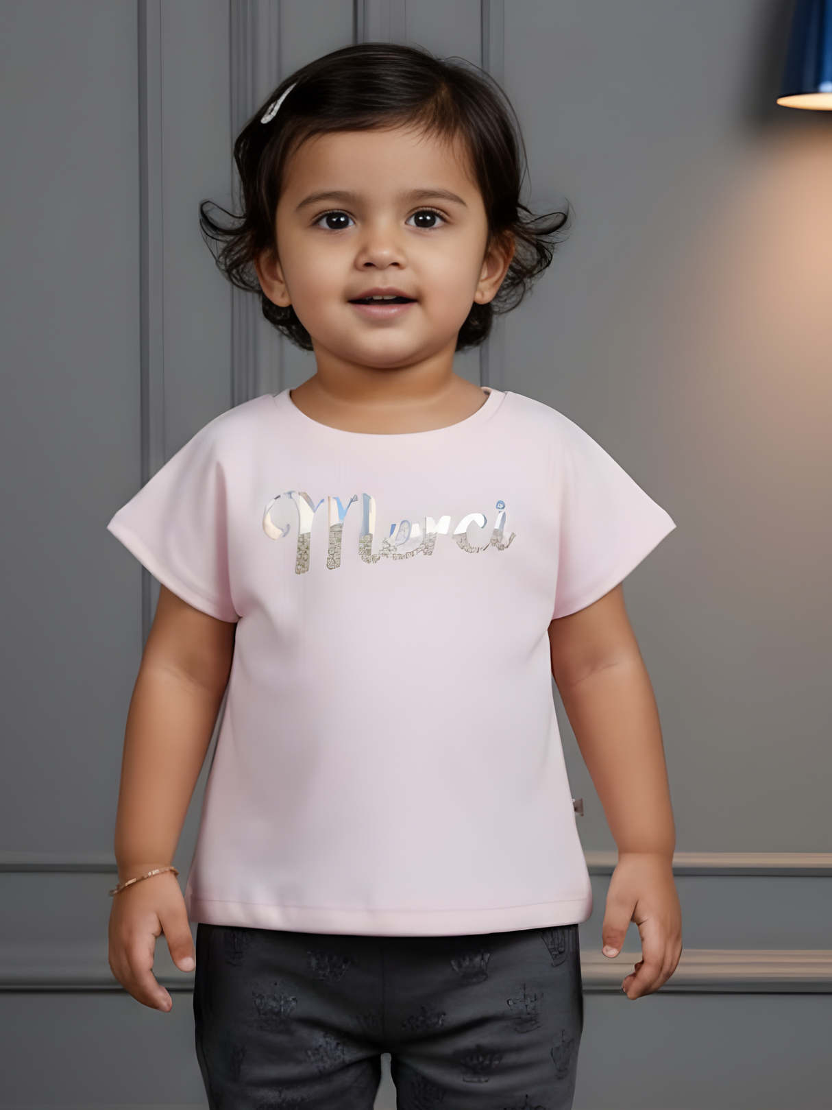 Girls Light Pink "Merci" Graphic Ribbed Tee