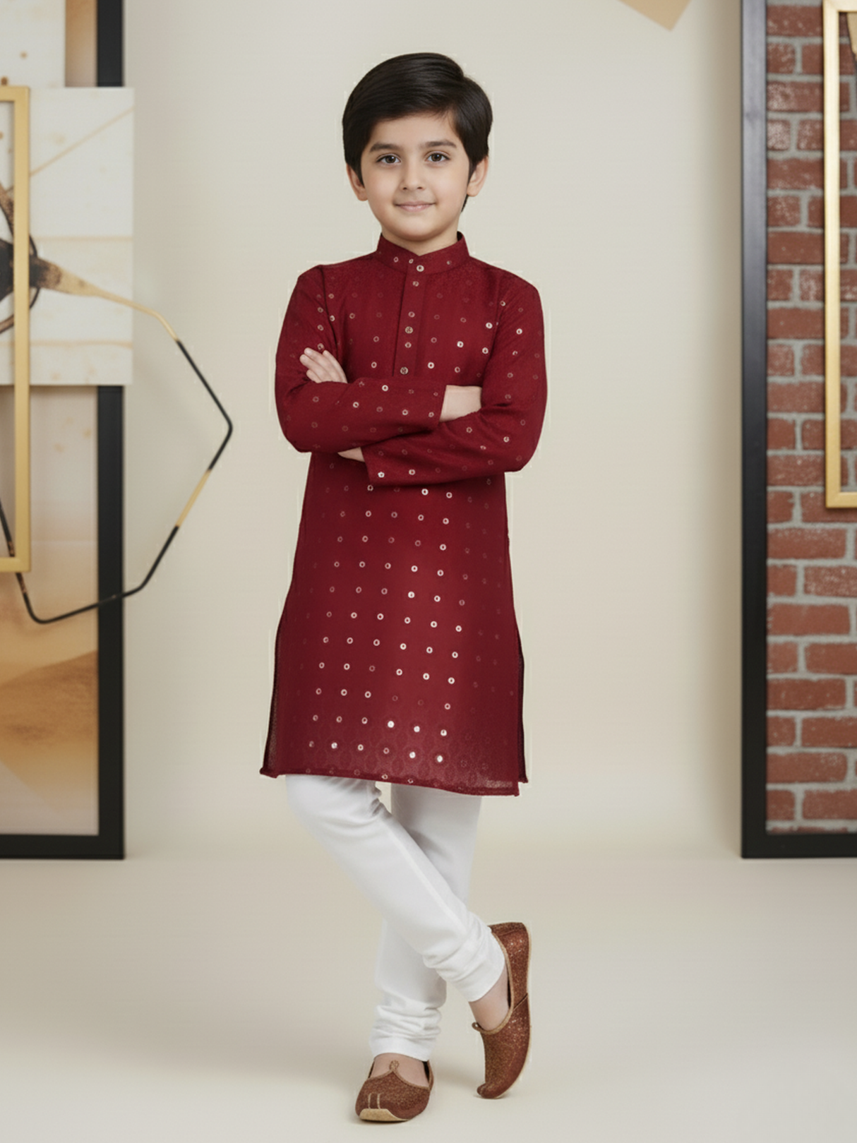 Boys' Maroon Sequin Embroidered Kurta with White Pyjama Set.