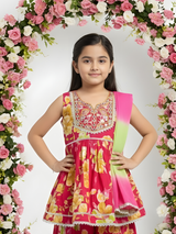 Girls' Coral Sleeveless Peplum Kurti and Printed Sharara Set with Ombre Dupatta