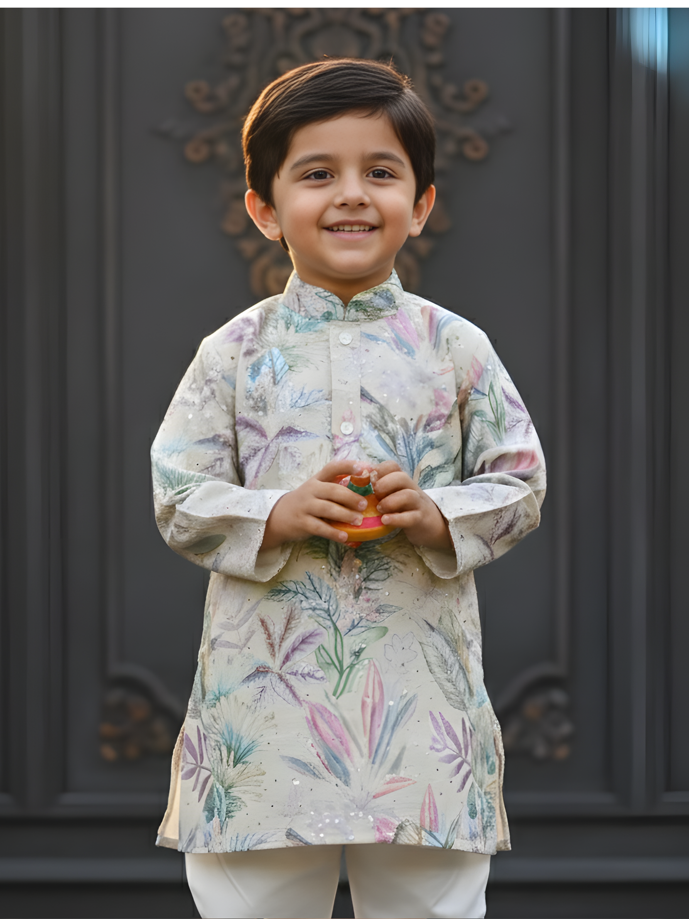 Boys Cream Pastel Floral Printed Kurta Set