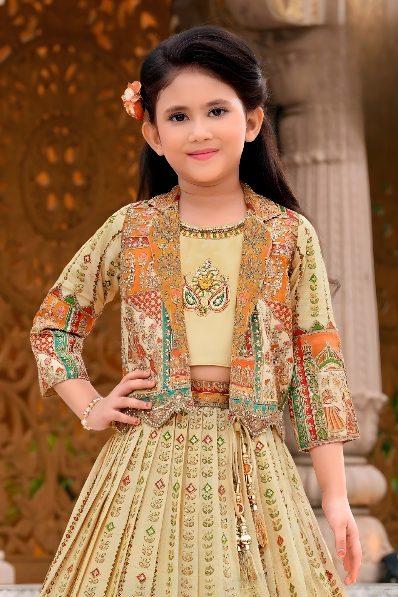 Girls' Elegant Cream &amp; Orange Printed Lehenga Choli with Shrug Jacket