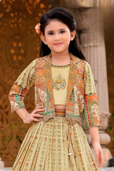 Girls' Elegant Cream &amp; Orange Printed Lehenga Choli with Shrug Jacket
