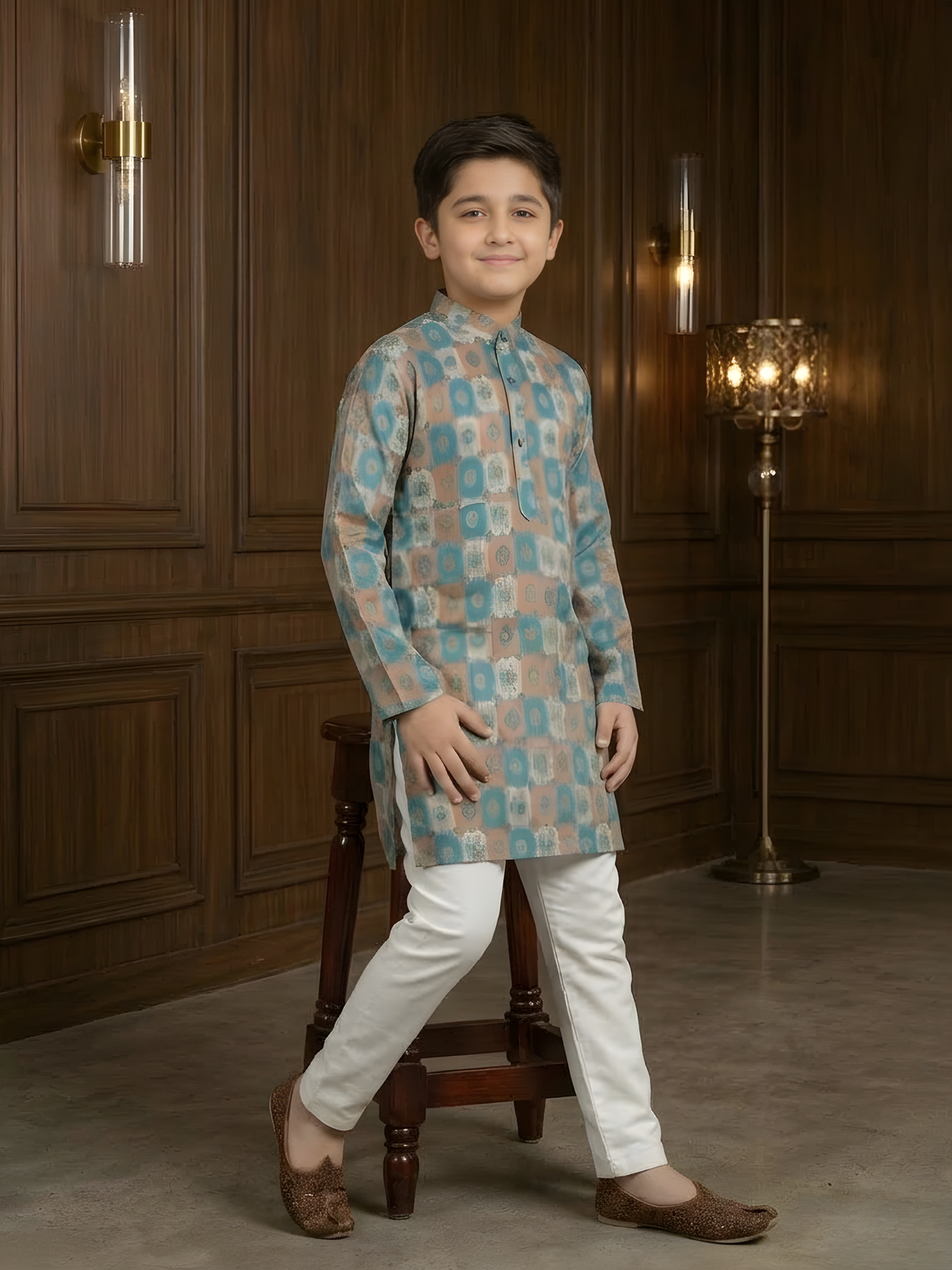 Boys' Teal & Orange Printed Kurta with Cream Pyjama Set.