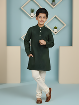 Boys' Dark Green and Beige Chevron Print Kurta Set