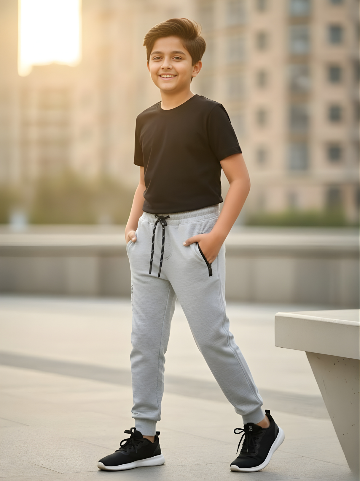Boys Light Grey Melange Joggers with Contrast Drawstring