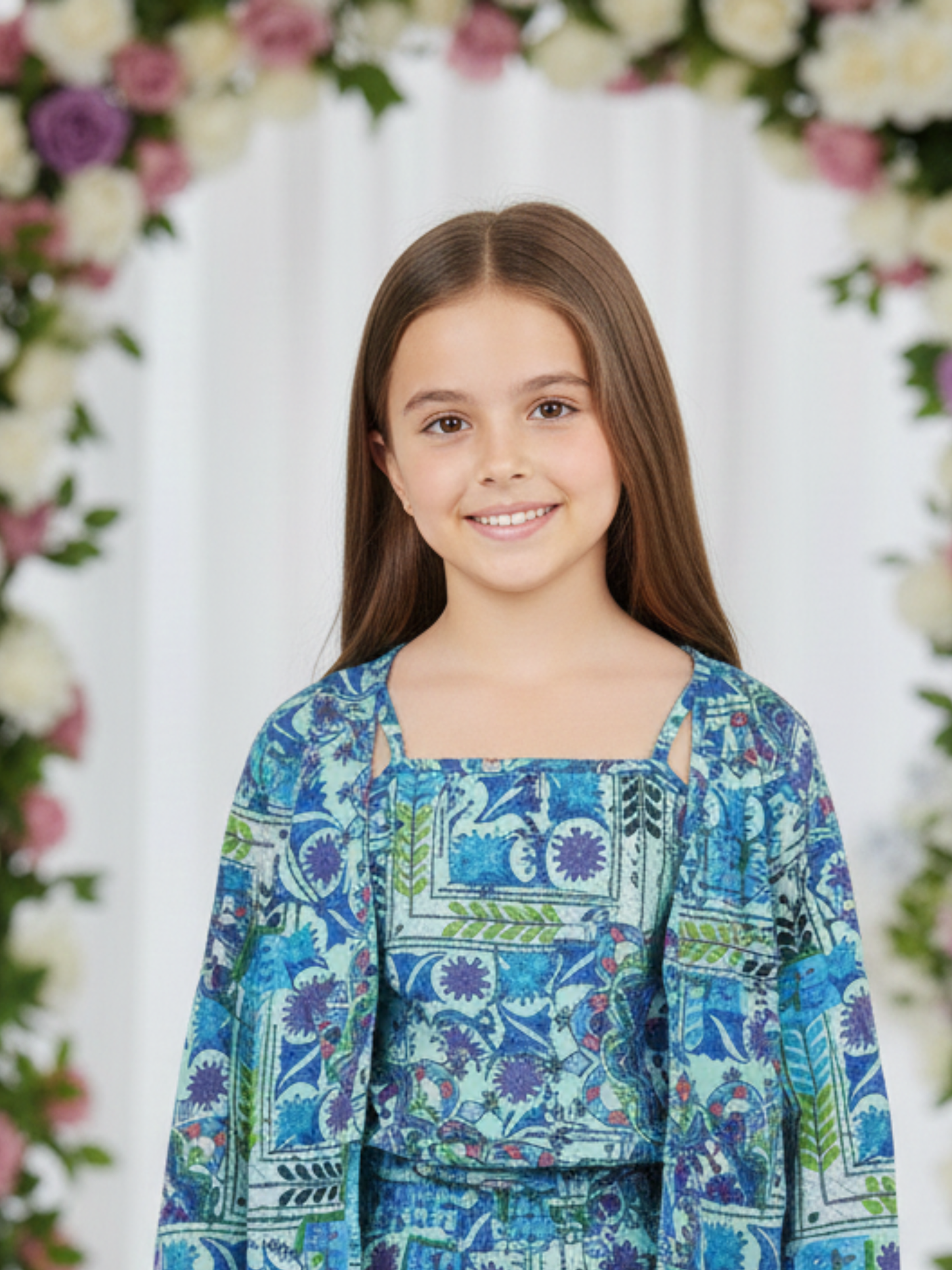 Girls' 3-Piece Blue Floral Print Co-ord Set with Blazer, Crop Top & Trousers