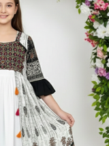 Girls' Black & White Printed Long Jacket, Crop Top and Palazzo Set - Indo-Western