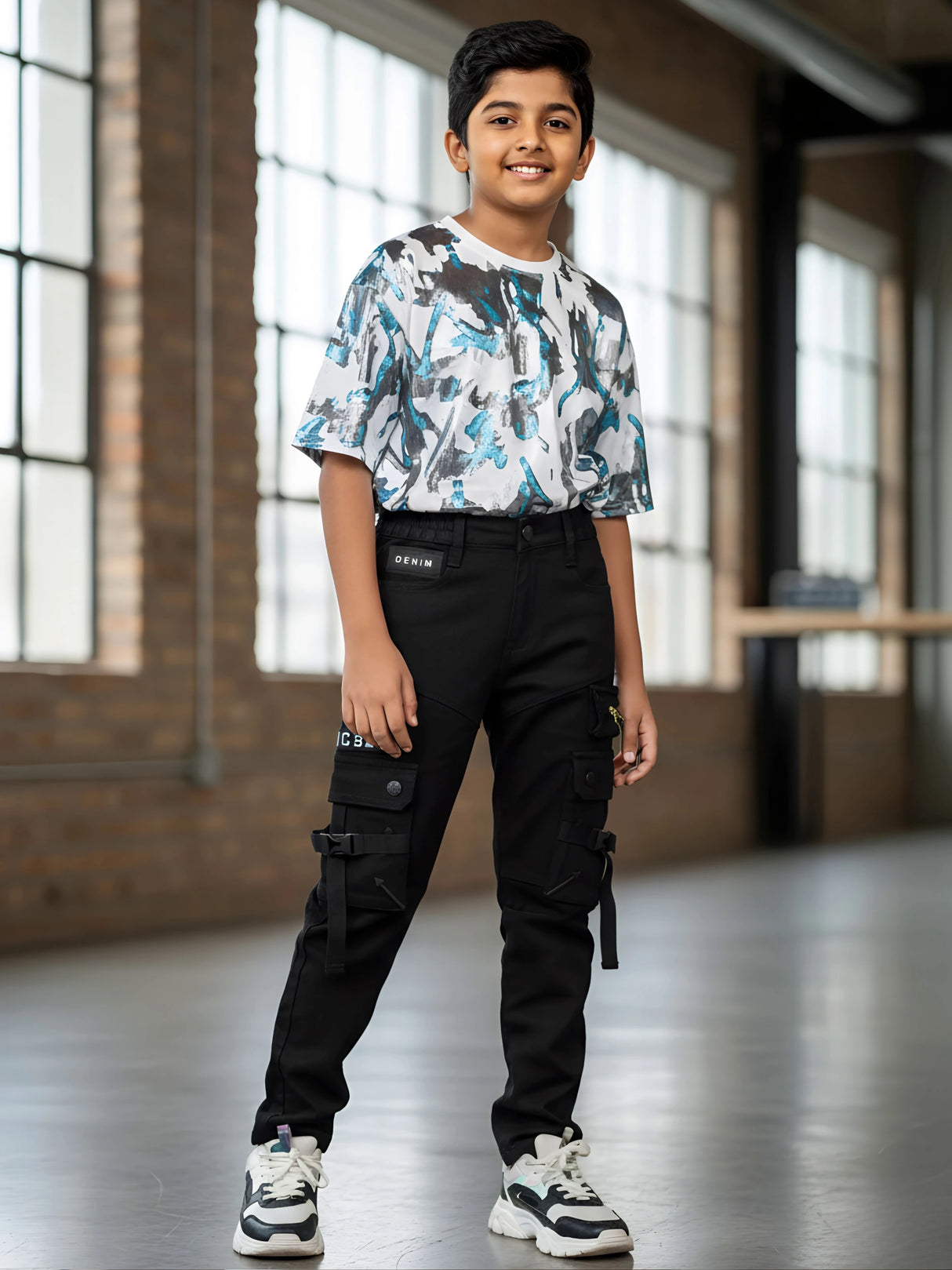 Boys' Slim-Fit Black Tactical Cargo Pants