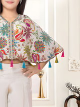 Girls' Floral & Paisley Print Cape Top and Palazzo Set (Cream/Multi)