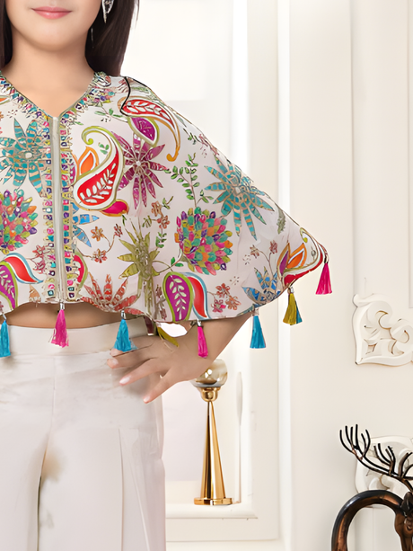 Girls' Floral & Paisley Print Cape Top and Palazzo Set (Cream/Multi)