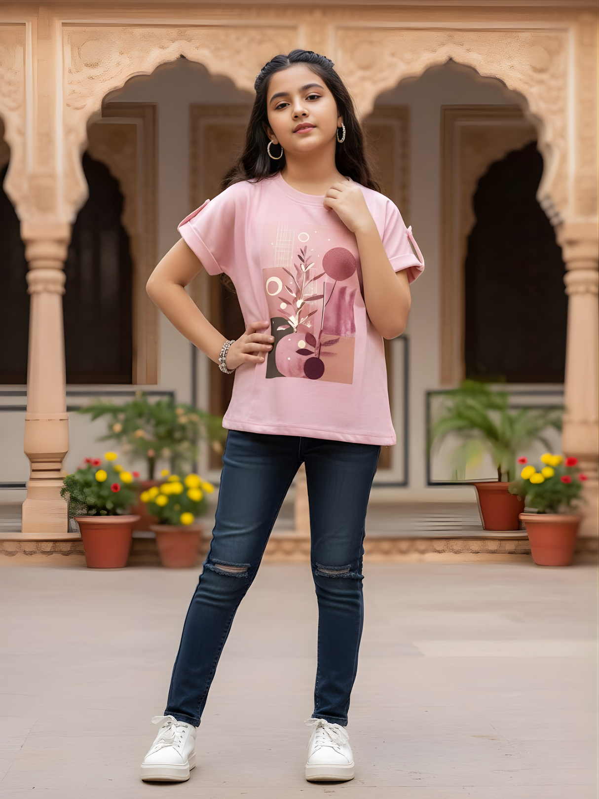Girls Rose Pink Fashion Top with Abstract Botanical Print.