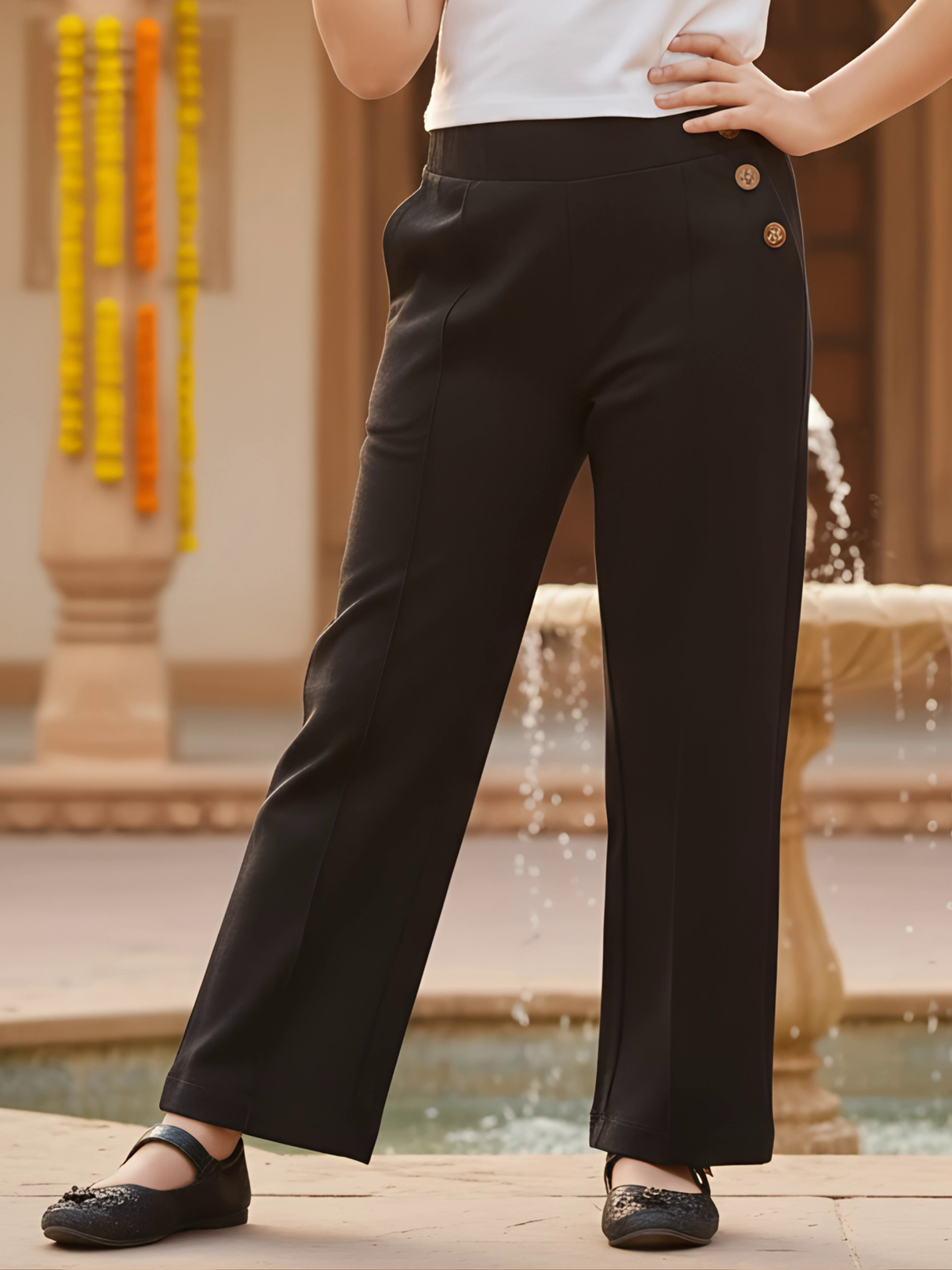 Girls' Black Wide-Leg Button-Accent Trousers