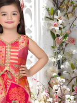 Girls' Red & Pink Printed Jumpsuit with Attached Vest