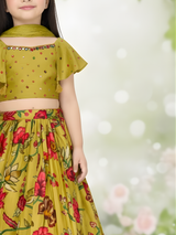 Girls' Green & Red Floral Printed Lehenga Choli Set.