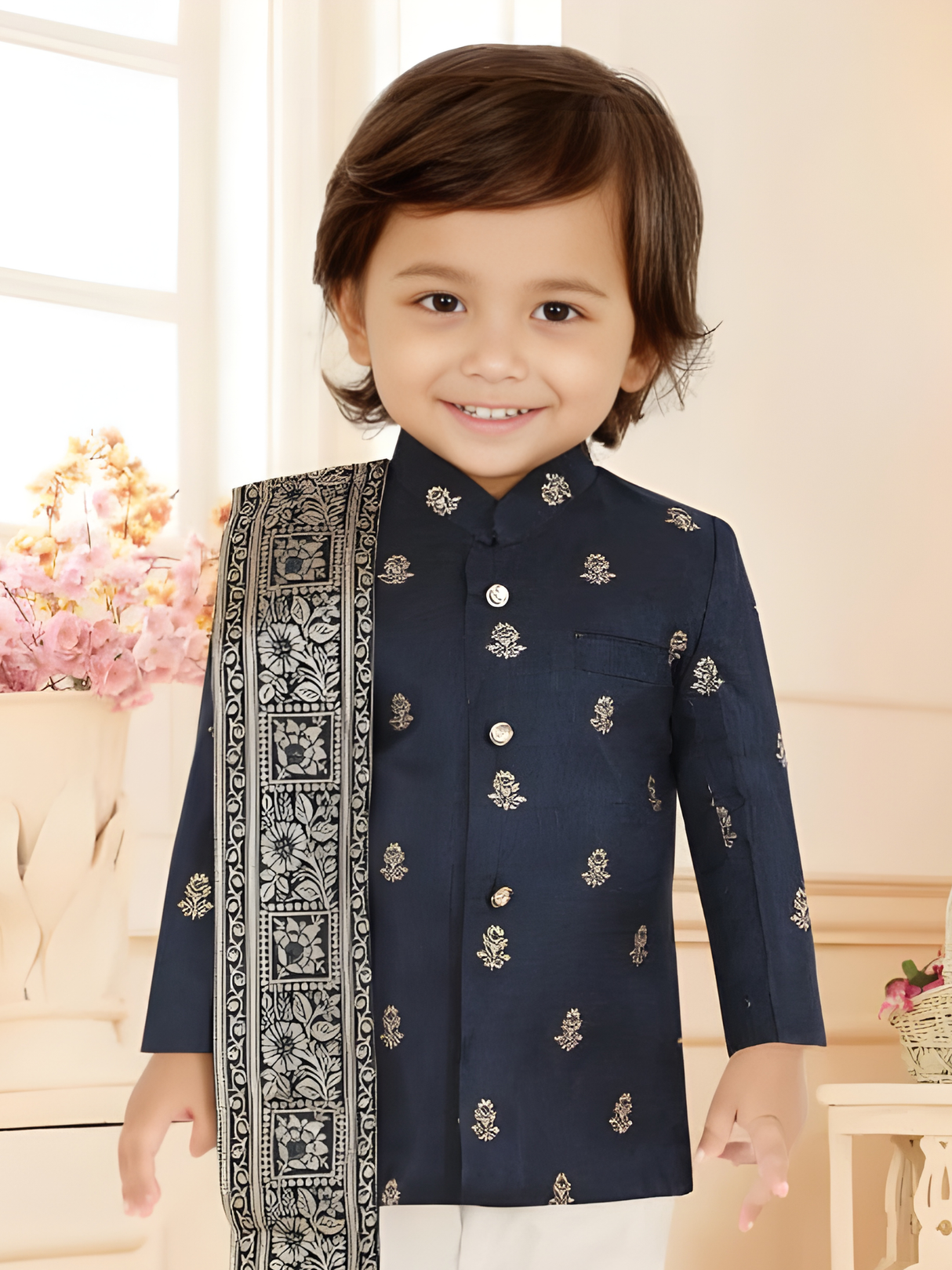 Toddler Boys' Navy Blue Brocade Bandhgala Kurta Set with Shawl
