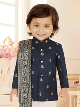 Toddler Boys' Navy Blue Brocade Bandhgala Kurta Set with Shawl