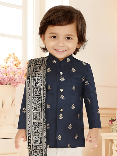 Toddler Boys' Navy Blue Brocade Bandhgala Kurta Set with Shawl