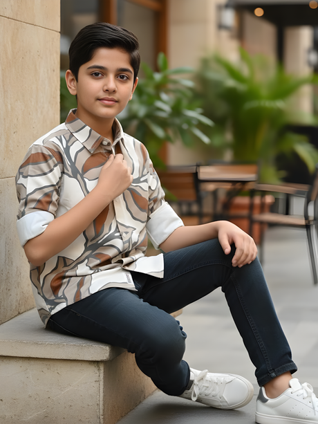 Boys Cream Abstract Large-Leaf Print Casual Shirt