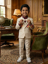 Boys Cream Floral Embroidered 3-Piece Coat Suit Set