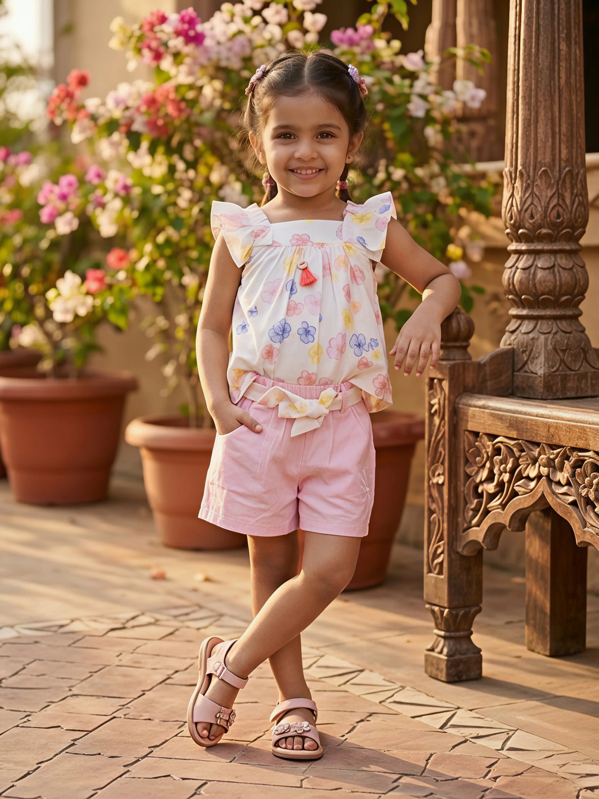 Girls' Pastel Floral Peplum Top and Pink Shorts Coordinate Set
