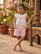 Girls' Pastel Floral Peplum Top and Pink Shorts Coordinate Set