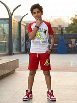 Boys Red and White Varsity Athletic Coordinate Set.