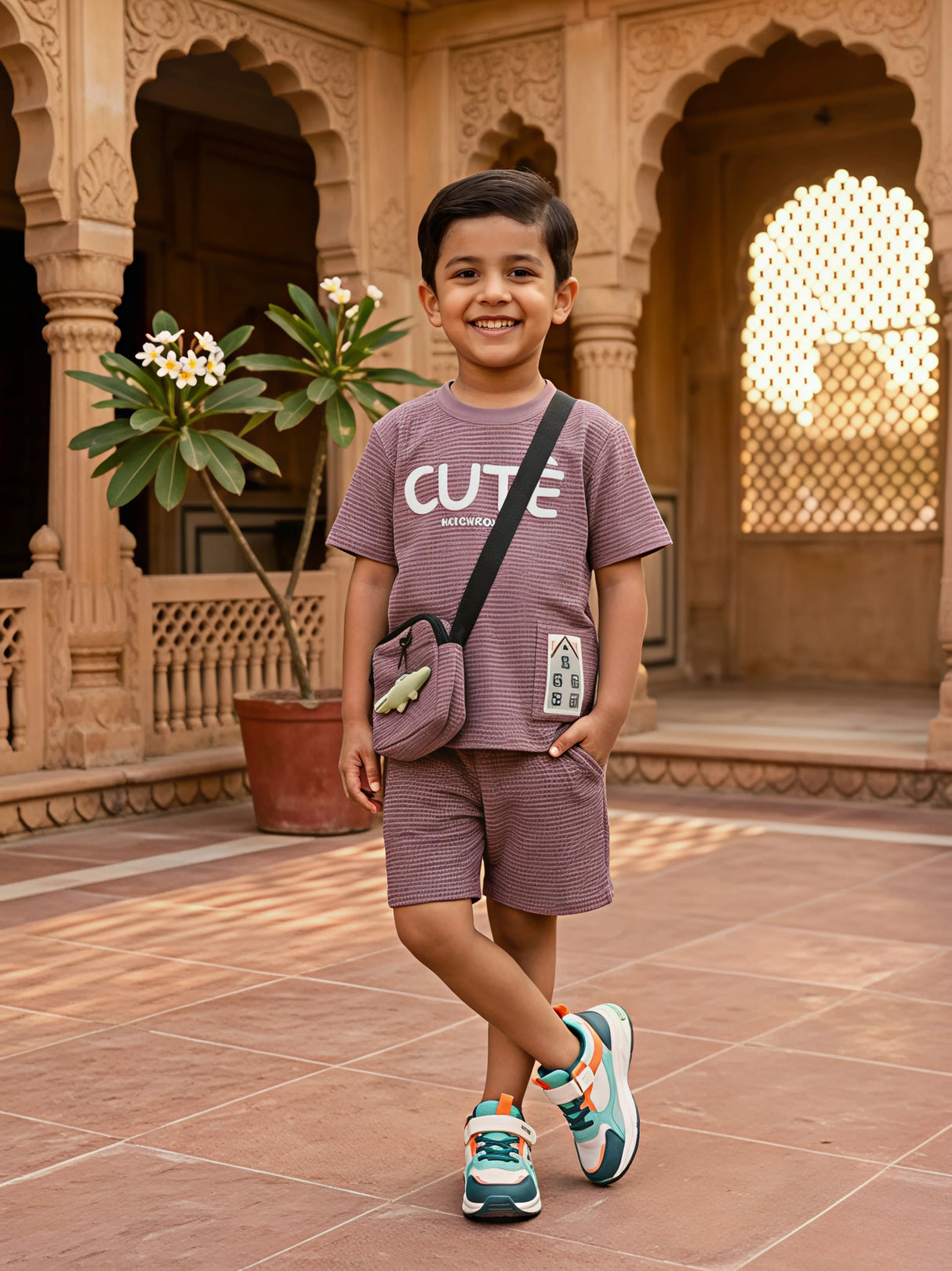 Boys Purple Textured "Cute" Co-ord Set with Matching Crossbody Bag