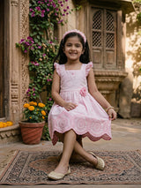 Girls' Pastel Pink Embroidered Ruffle Frock with Floral Appliqué