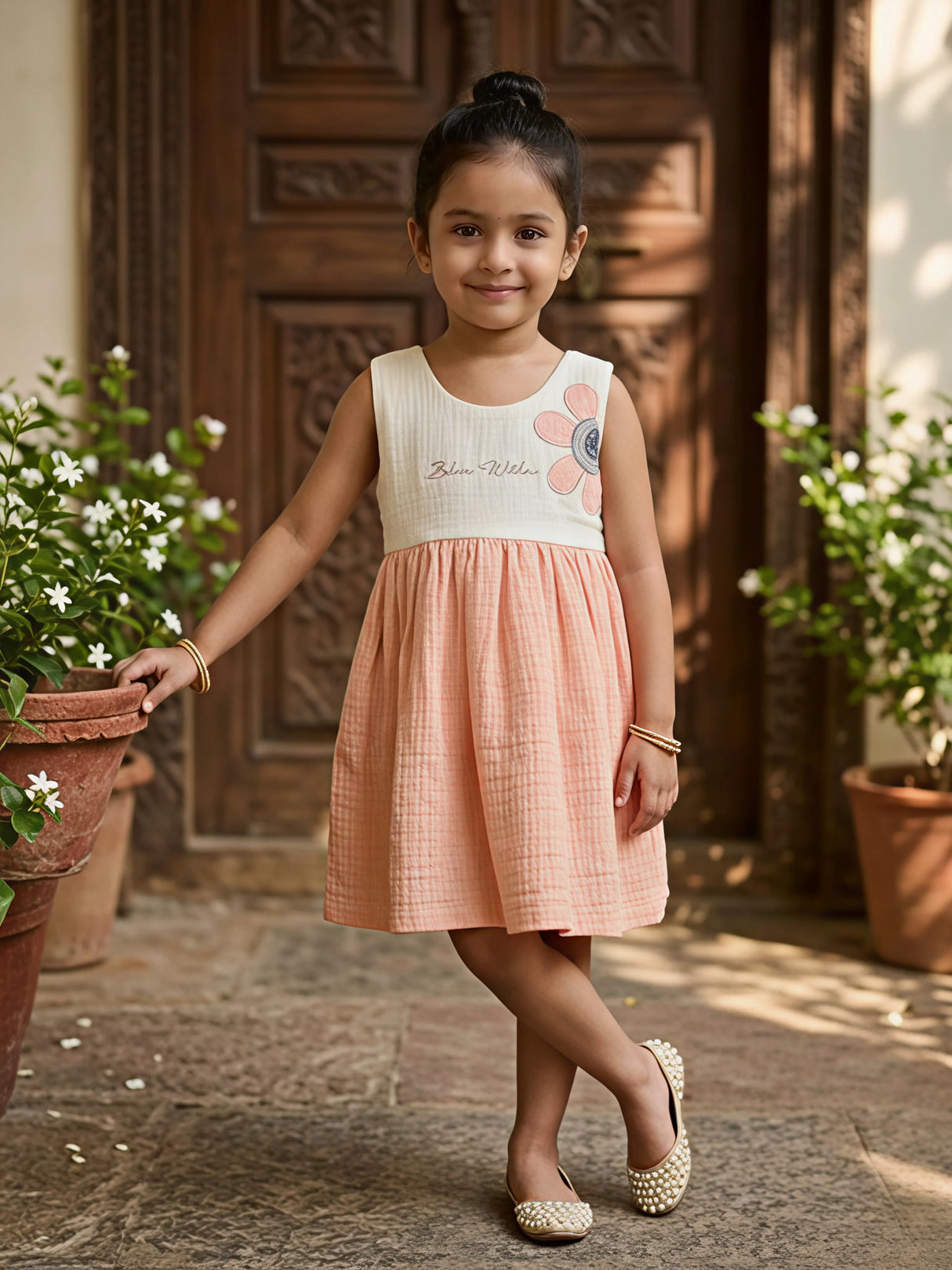 Dual-Tone Peach Cotton Frock with Floral Embroidery