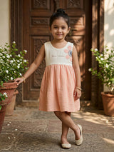 Dual-Tone Peach Cotton Frock with Floral Embroidery