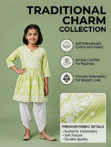 Girls' Lime Green Chikankari Embroidered Dhoti Set