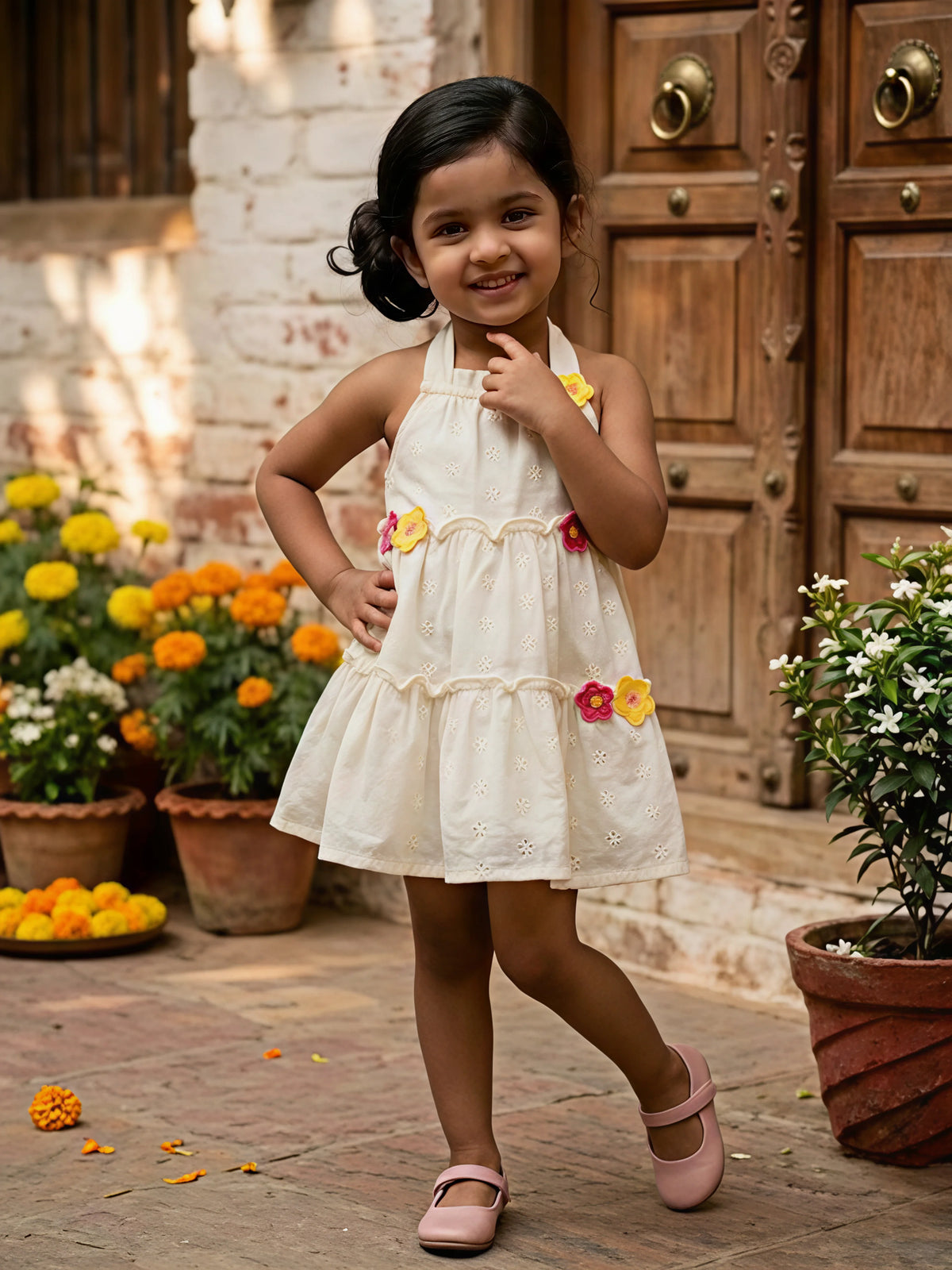 Little Girls' Sun-Kissed Yellow Floral Appliqué Cotton Frock