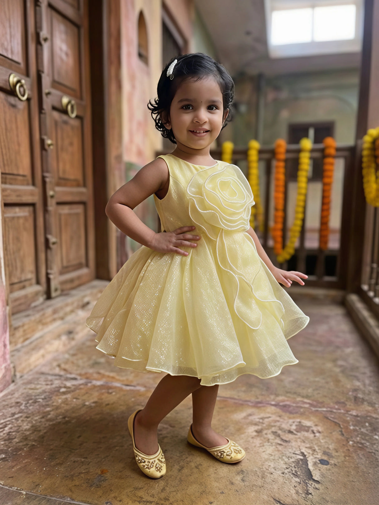 Girls Sunny Yellow Organza Party Wear Frock with 3D Floral Appliqué