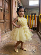 Girls Sunny Yellow Organza Party Wear Frock with 3D Floral Appliqué