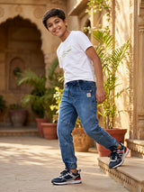 Boys' Dark Blue Melange Fleece Joggers with Neon Yellow Drawstring