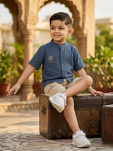 Boys Blue Mandarin Collar Cotton Shirt and Khaki Cargo Shorts Co-ord Set