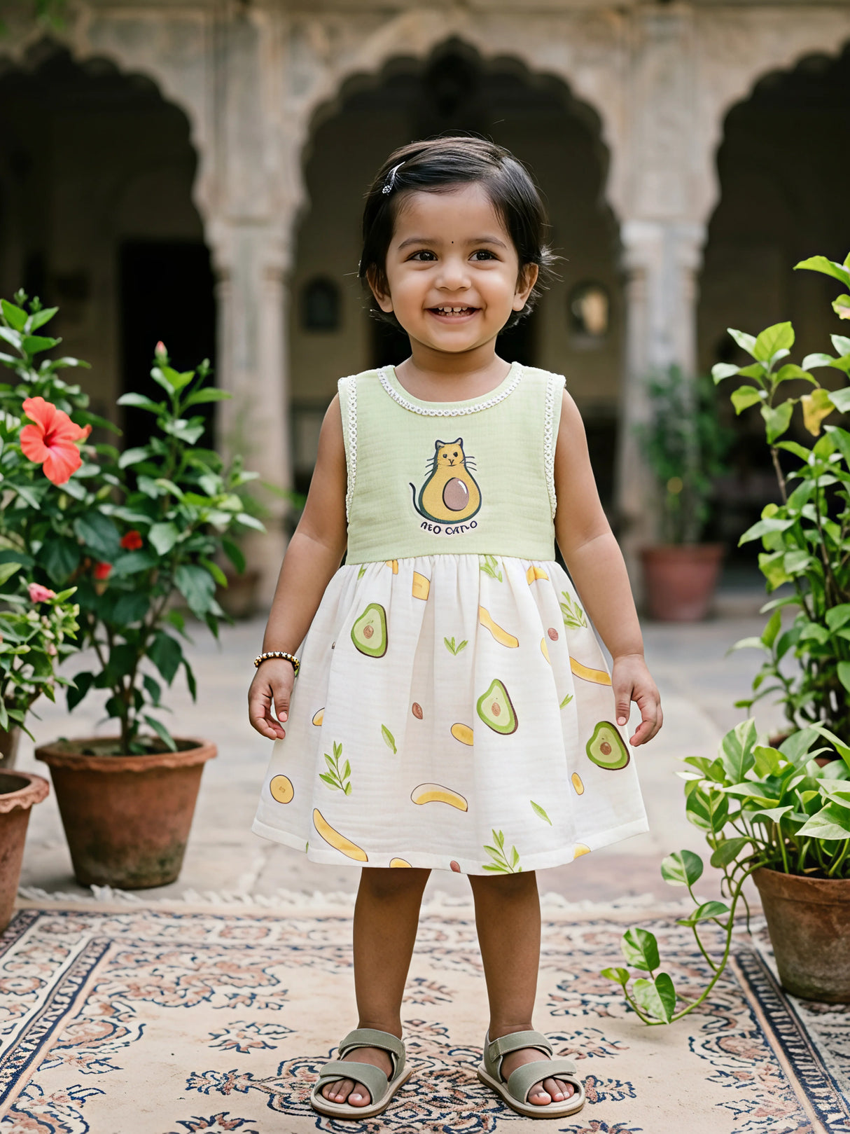 Girls' Mint Green Avo-Cat Cotton Frock