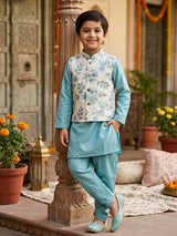Boys Sea Green Kurta Set with Embroidered Floral Nehru Jacket