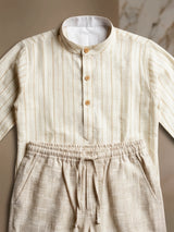 Boys Elegant Light Brown Striped Kurta with Textured Pajama Set