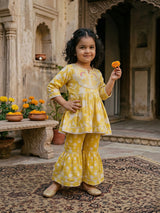 Baby Girls' Mustard Yellow Floral Print Kurti and Ruffled Plazzo Set