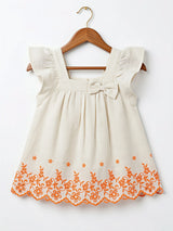 Cream Embroidered Girls Frock with Ruffle Sleeves