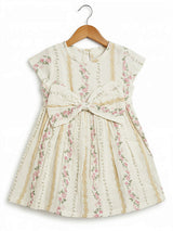 Elegant Cream Floral Bow Frock for Girls