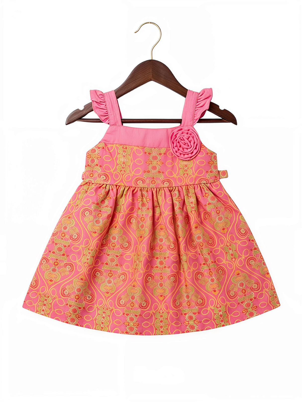 Pink Floral Brocade Girls' Festive Frock