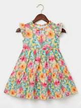 Girls Green Floral Print Ruffle Frock
