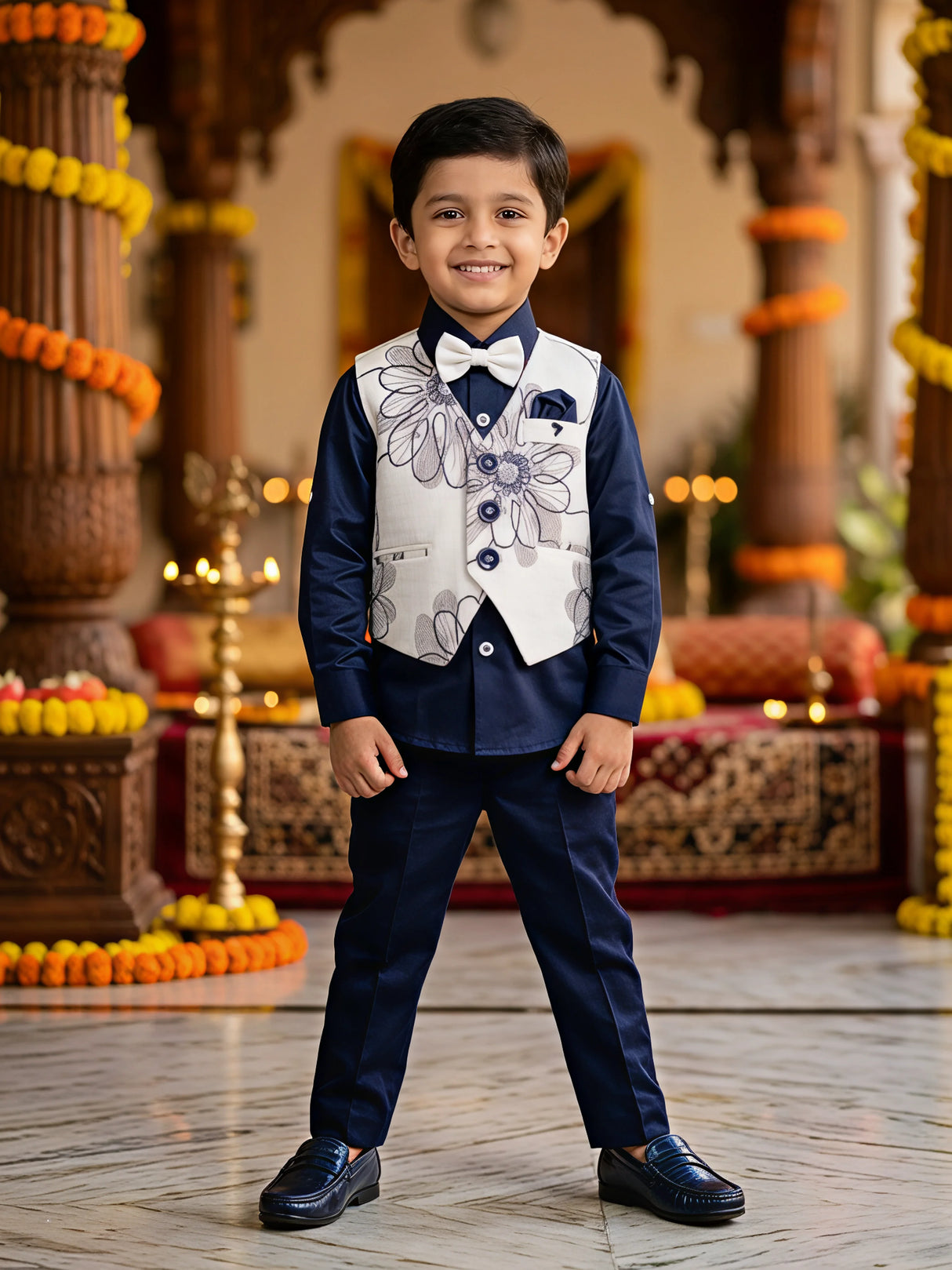 Boys Navy Blue Floral Waistcoat Set