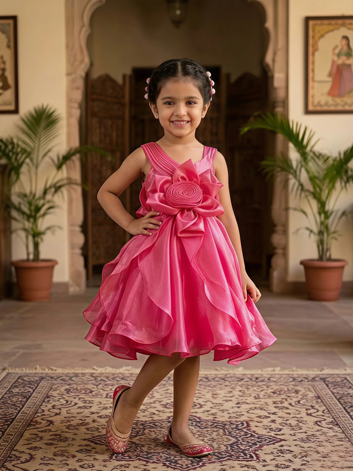 Girls Rani Pink Floral Appliqué Party Frock